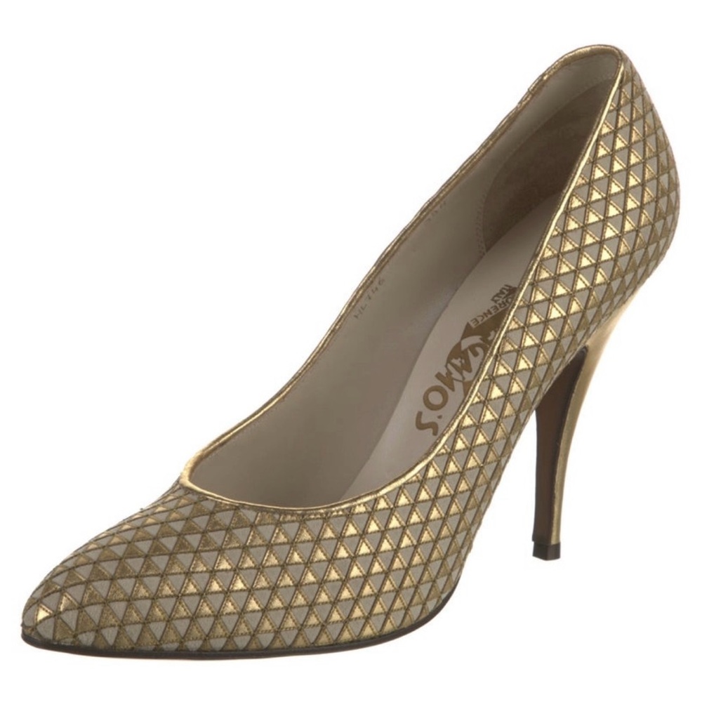 Ferragamo’s Creations Gold Patterned Heels